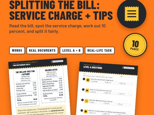 Splitting the Bill: Service Charge, Tips + Percent - SEND KS4 Post-16 Money (UK)
