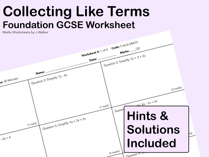 GCSE Maths Worksheet: Collecting Like Terms- Foundation Tier