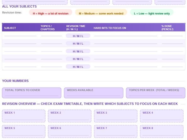 Revision Planner - IGCSE & A Level (Exam Countdown - Ready to Print!)