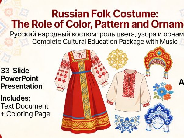 Русский народный костюм: роль цвета, узора и орнамента | Презентация 33 слайда + текст и раскраска