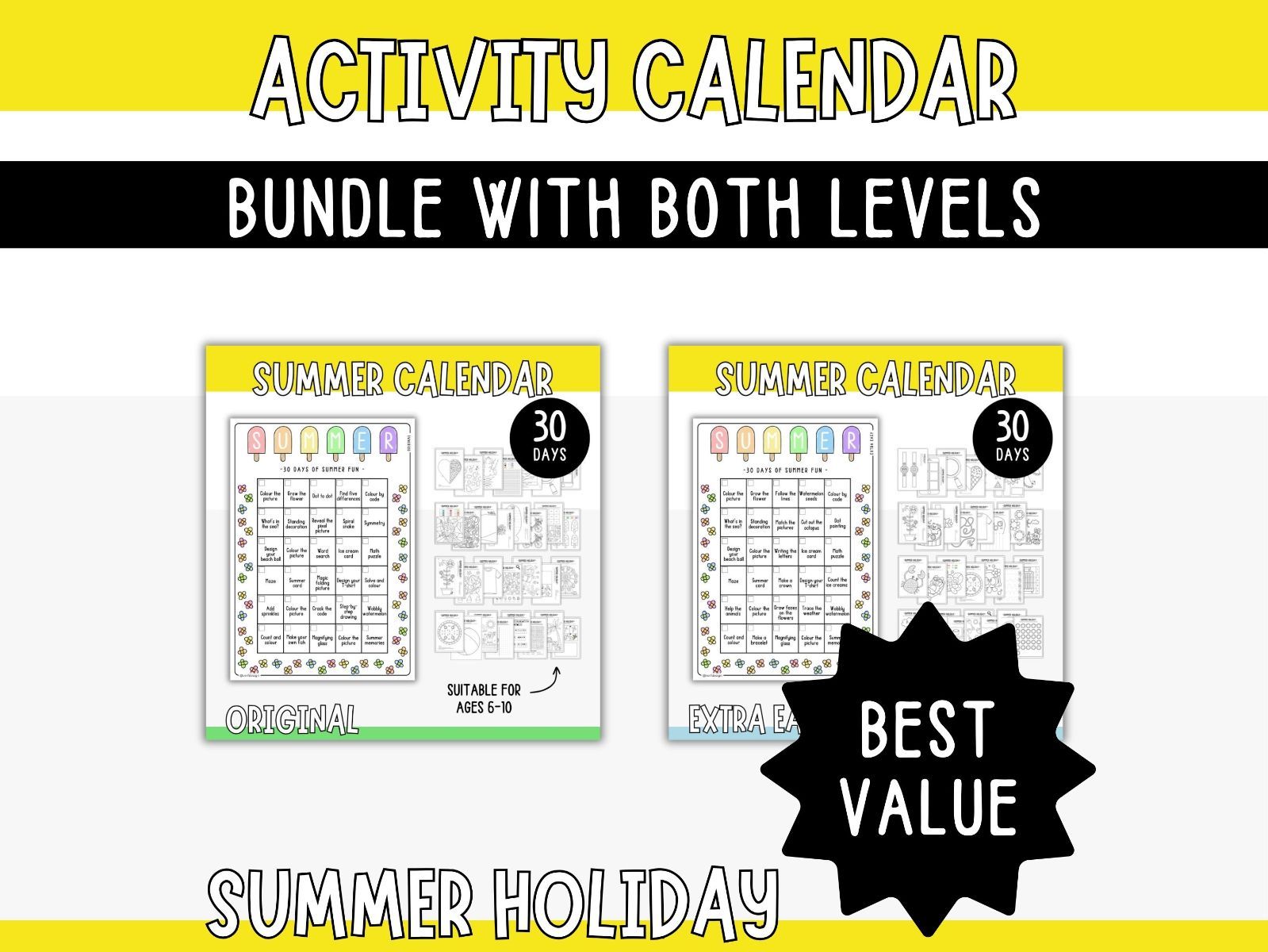 Summer Holiday Activity Calendar for Kids - 30 Days Bundle (Extra Easy & Original)