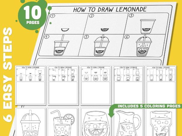 Lemonade Directed Drawing Activity, How to Draw Lemonade Step by Step Tutorial, Summer Printable Art