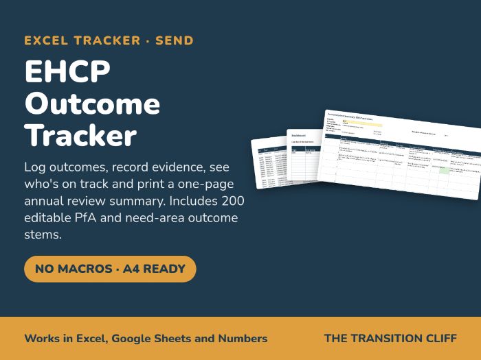 EHCP Outcome Tracker + PfA Outcome Bank (Editable Excel) for SEND Annual Reviews KS3-Post-16