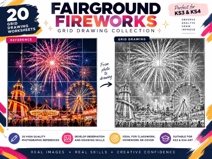 Fairground Fireworks Grid Drawing Worksheets | 20 Art Activities | KS3 & KS4 | Bonfire Night