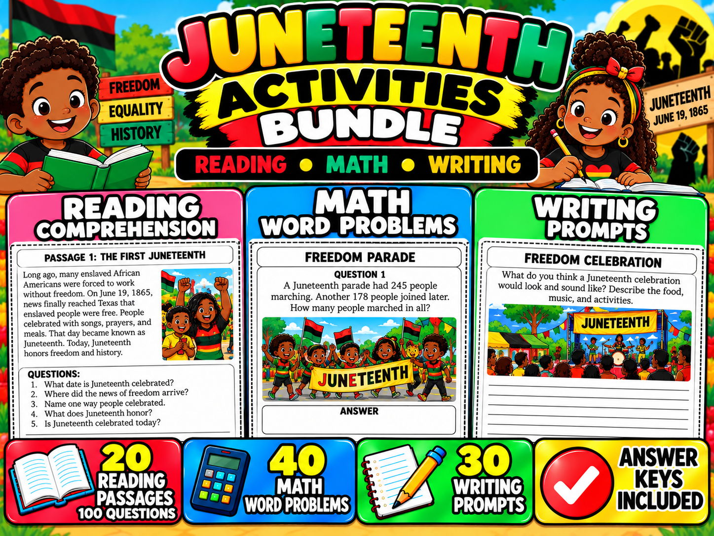 Juneteenth Activities Bundle | Reading Comprehension, Math Word Problems & Writing Prompts