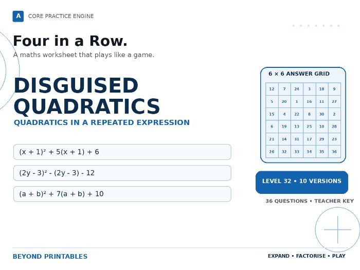 Disguised Quadratics Four in a Row | (x + 1)² + 5(x + 1) + 6 : Level 32 | 10 Maths Games
