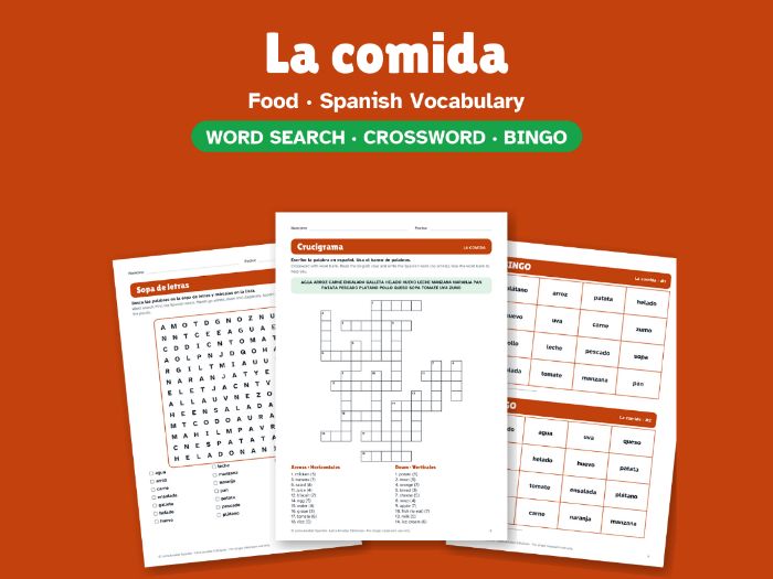 Food in Spanish: Word Search, Crossword & Bingo