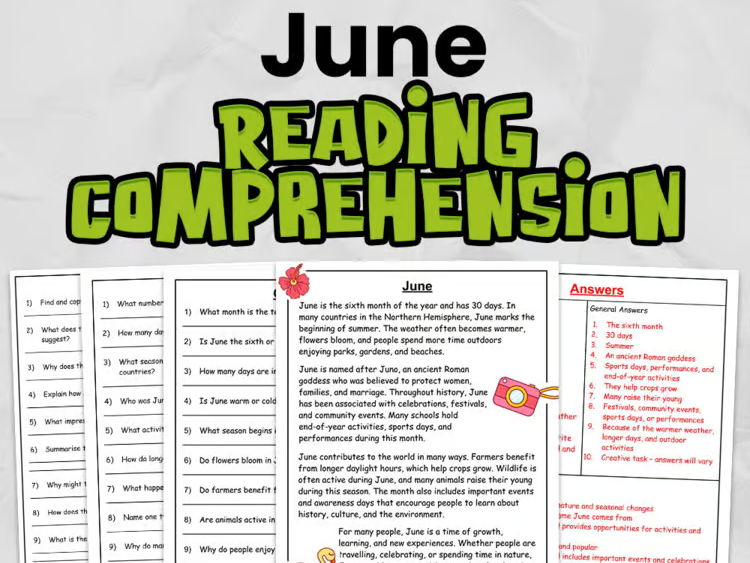 June Reading Comprehension & Close Reading Activities | KS2 English Worksheets | Differentiated
