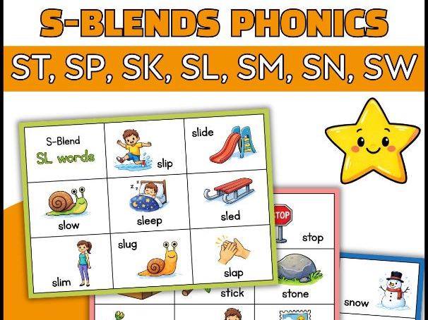 S-Blends Phonics Clipart Set (ST, SP, SK, SL, SM, SN, SW) – Cute Colorful Illust