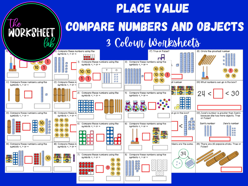 Place Value - Compare Numbers and Objects Worksheets in Colour