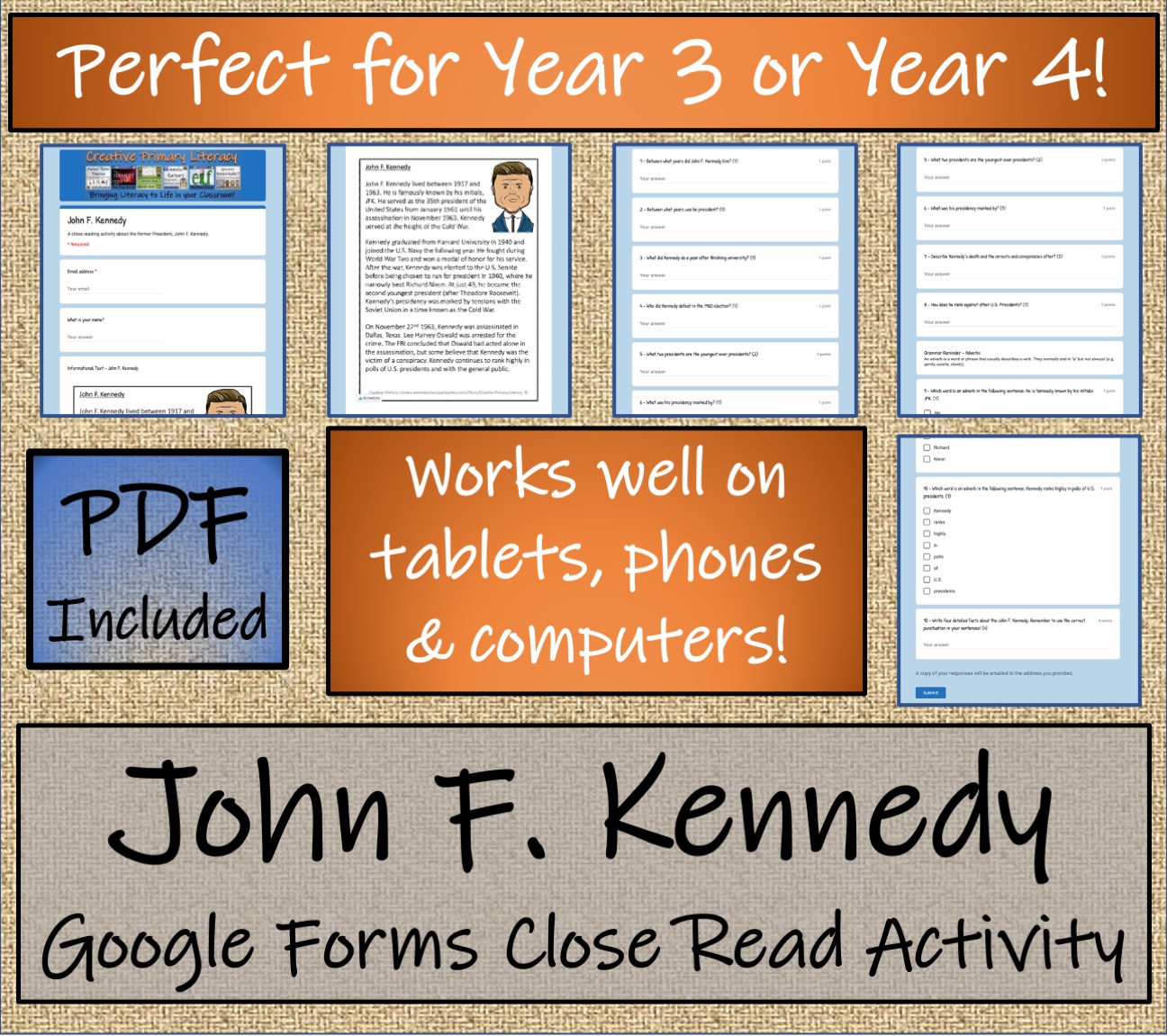 LKS2 John F. Kennedy Reading Comprehension Activity Digital & Print