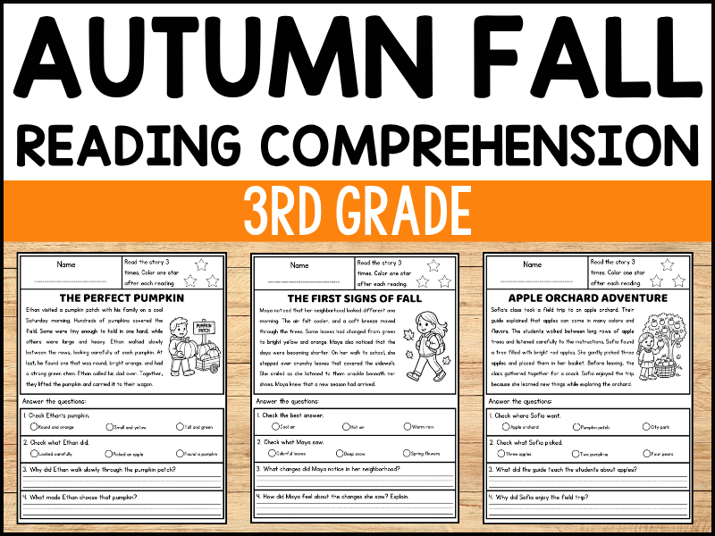 3rd Grade Fall Reading Comprehension Passages and Questions Worksheets