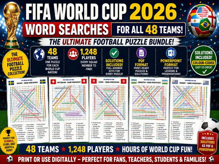 FIFA WORLD CUP 2026 MEGA WORDSEARCH Collection - 48 TEAMS 1248 PLAYERS