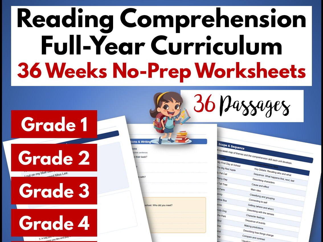 Reading Comprehension Yearlong Curriculum | 36 No-Prep Worksheets | Grades 1-6