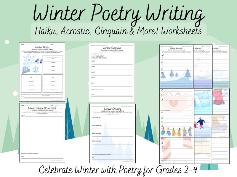 Winter Poetry Writing Worksheets | Haiku, Acrostic, Cinquain & More | Grades 2–4