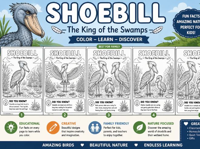 Shoebill Coloring Pages for Kids | African Bird Coloring Pack | Wildlife Facts (K-Grade 3)