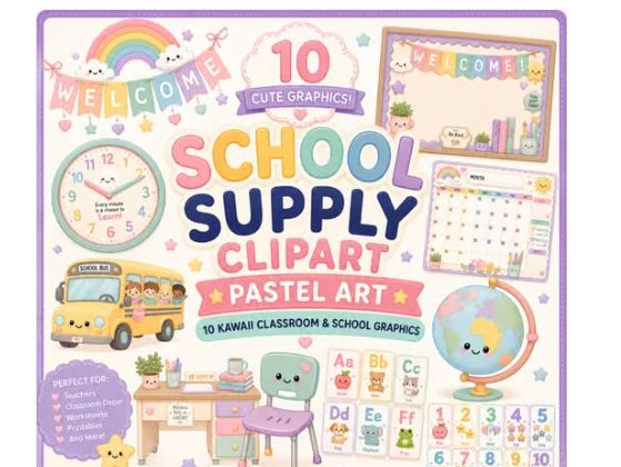 School Supply Clipart Pastel Art | 10 Kawaii Classroom decor & School Graphics