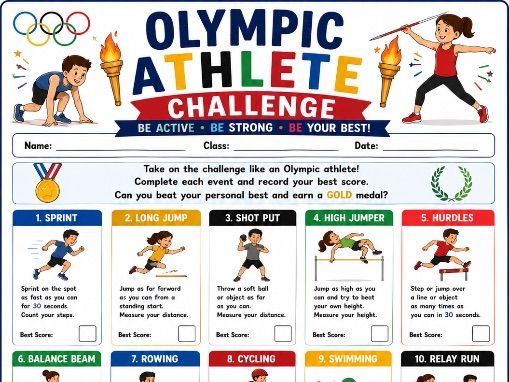 Olympic Athlete Challenge Worksheet | Olympic Games PE Activity | Physical Education Challenge |