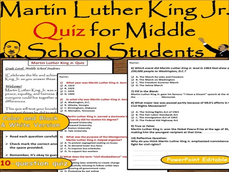 Martin Luther King Jr Quiz – Middle School MLK Day and Civil Rights History