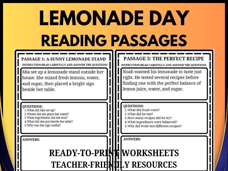 National Lemonade Day Reading Comprehension | 20 Passages & 100 Questions | Grades 2-8