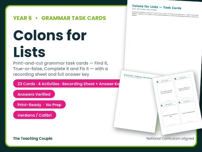 Year 6 Colons for Lists Task Cards – 23 Grammar Cards + Answer Key