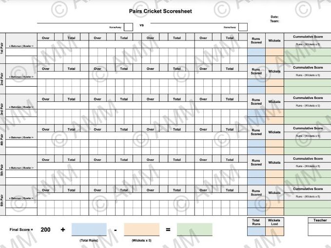 Pairs Cricket Scoresheet Template | KS2 & KS3 PE Lesson Resource
