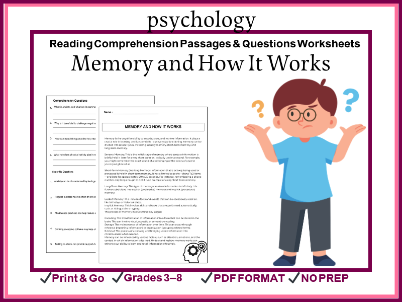 Memory and How It Works Reading Comprehension Passages & Questions Worksheets