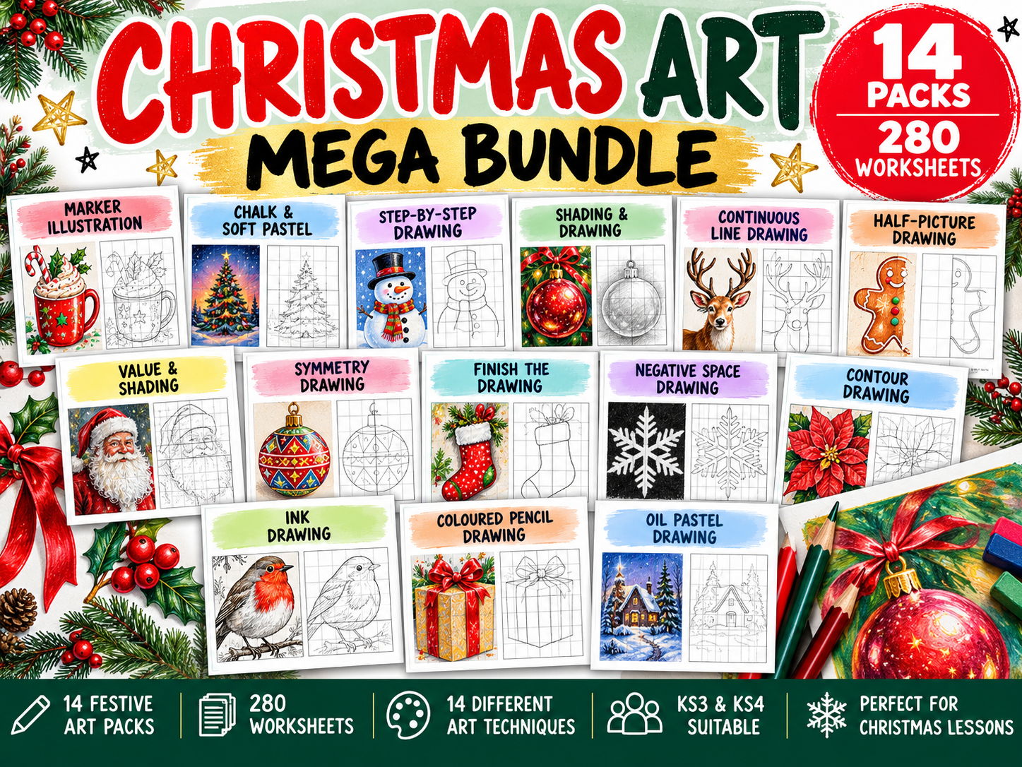 Christmas Art Mega Bundle | 280 Festive Drawing Worksheets | 14 Art Techniques | KS3 KS4