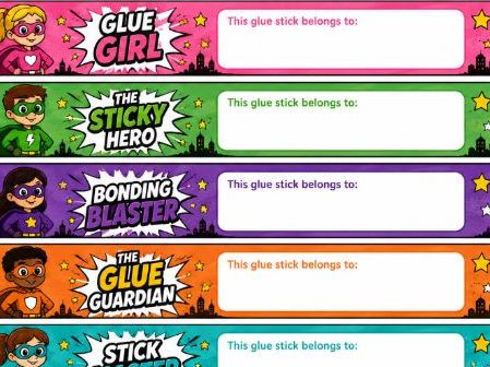Superhero Glue Stick labels