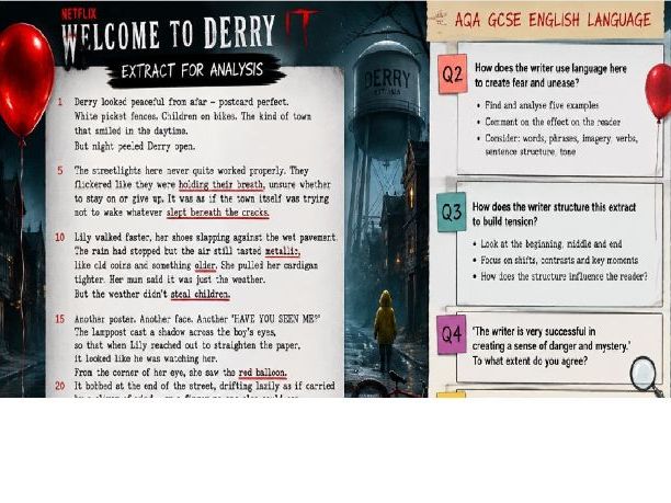 New 2026 'Welcome to Derry' AQA English Language Paper 1 Pack With Extract.Q2 - Q5