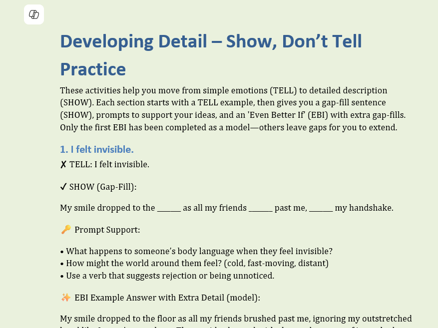 Show Don’t Tell Writing Worksheets