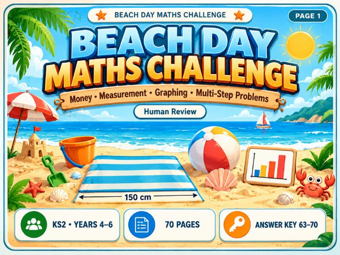 Beach Day Maths Challenge | KS2 Money, Problem Solving & Data | 70 Pages