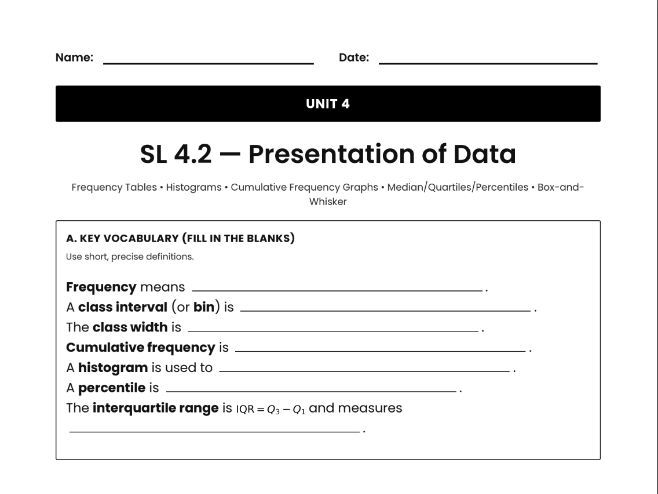 IB Math AI Worksheet SL 4.2 - Presentation of Data