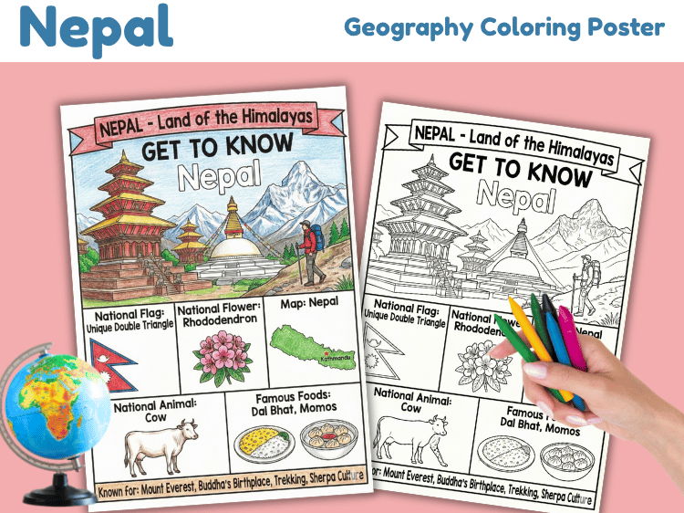 Nepal Geography Coloring Poster | Country Facts & Culture