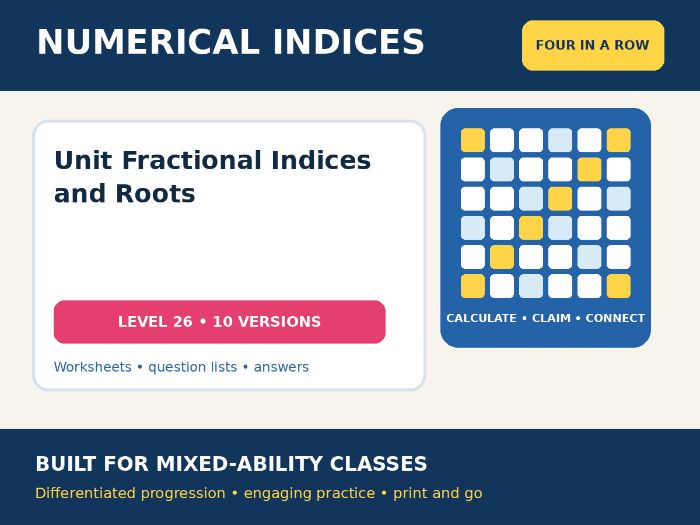 Numerical Indices – Unit Fractional Indices and Roots – Four in a Row – 10 Worksheets + Answers