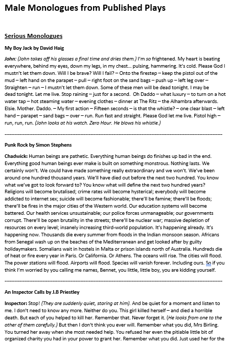 Male Monologues From Published Plays Student Booklet Teaching Resources