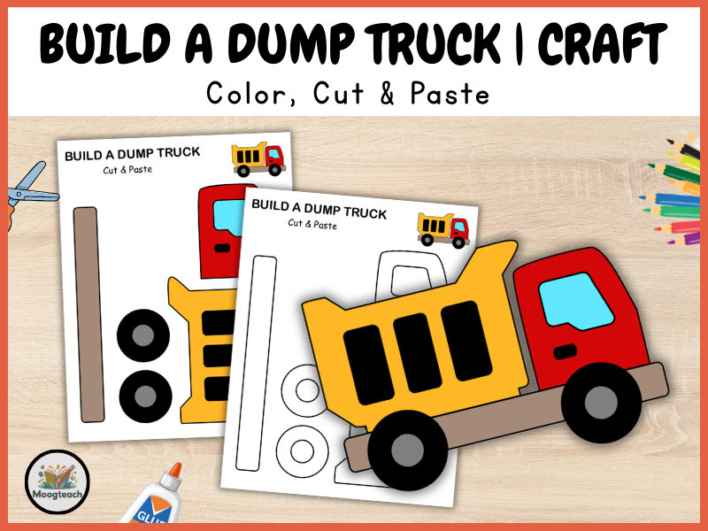 Dump Truck Craft for Kids, Construction Vehicle Cut and Paste Activity, Preschool Coloring Worksheet