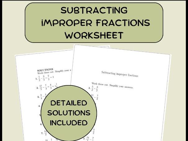 Subtracting improper fractions worksheet (with solutions)