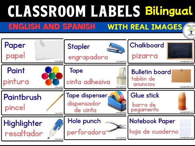 Classroom Supply Labels Real Pictures | Bilingual | Spanish and English