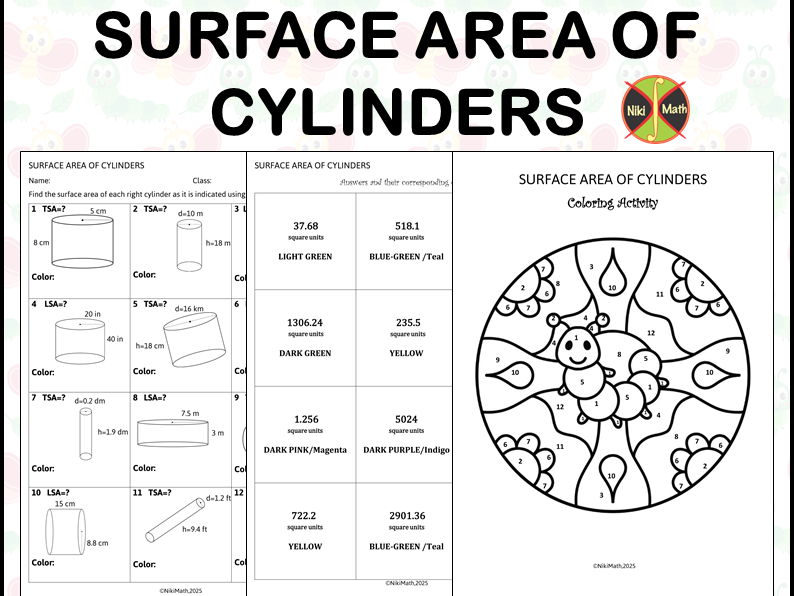 Geometry Grades 6-8: Surface Area of Cylinders - Color by Code