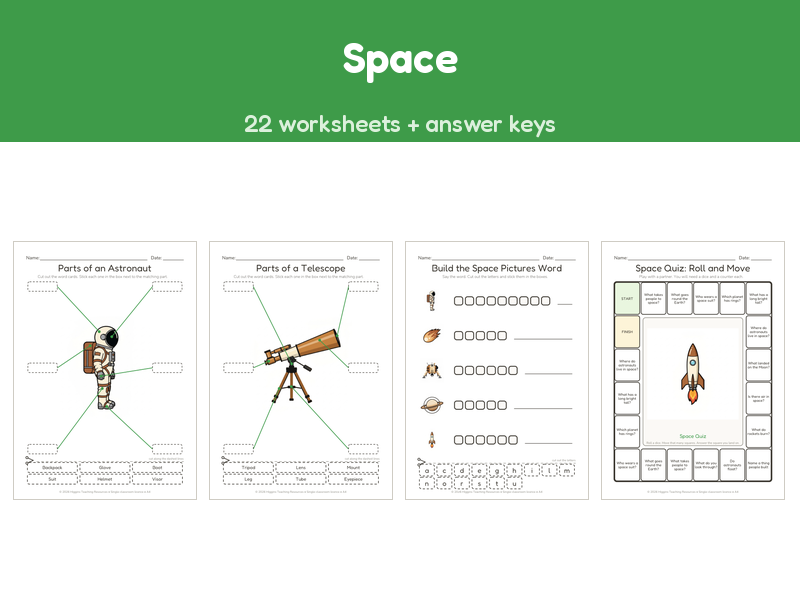 Space | 22 No-Prep Worksheets + Answer Keys | Ages 5-7