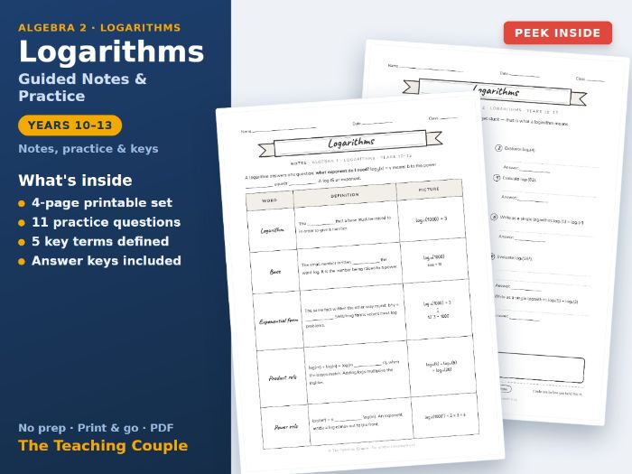 Logarithms Guided Notes & Practice | Years 10-13