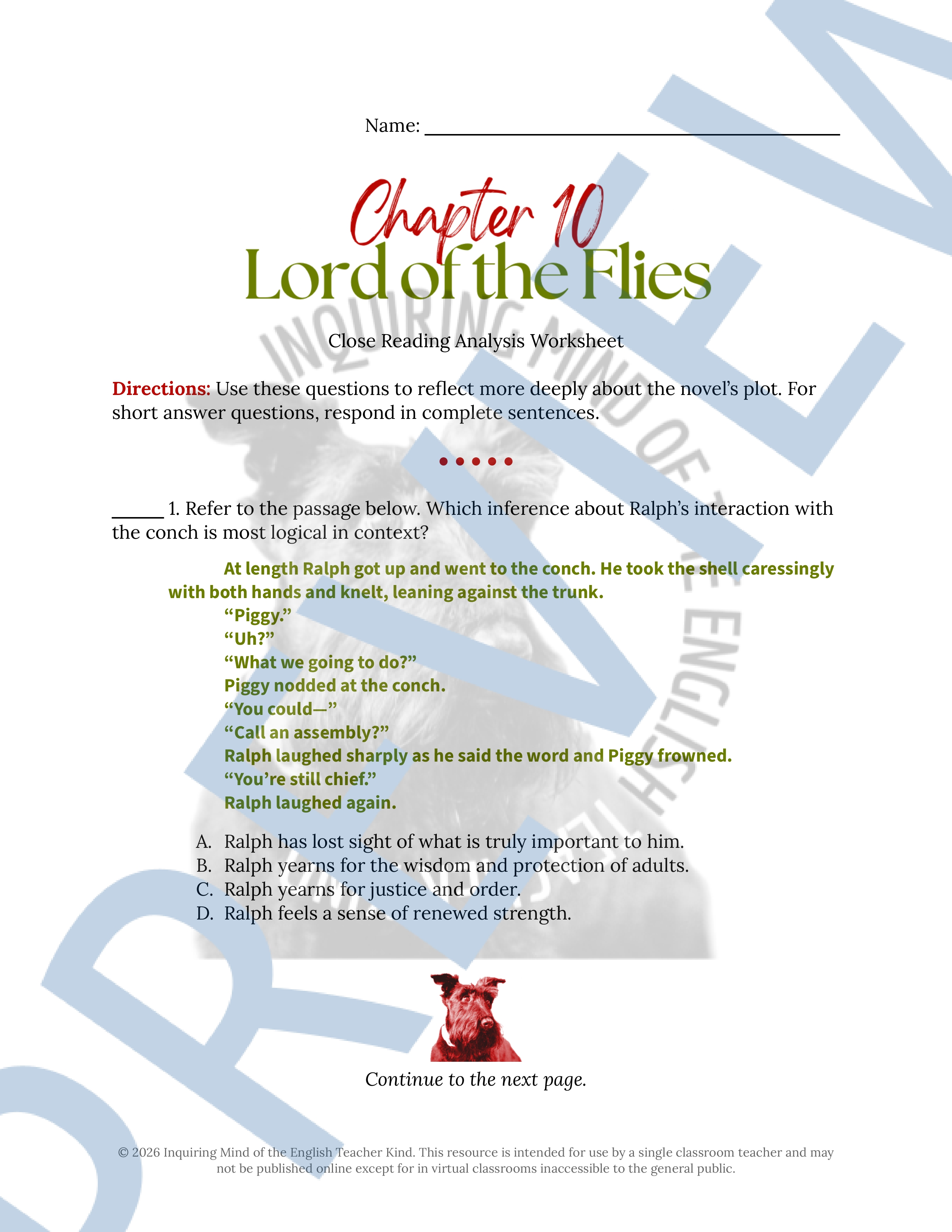 Lord of the Flies Chapter 10 Close Reading Analysis Worksheet ...