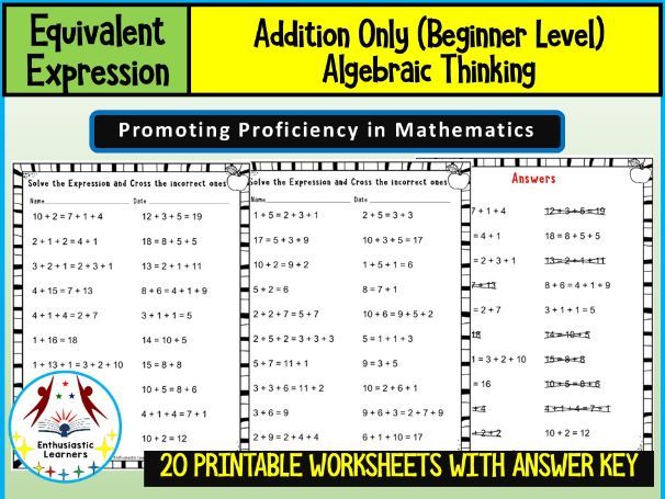 Equivalent Expressions Worksheets | Addition Only | Algebra Foundations Beginner Level Math Problems