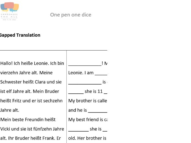 Names and Ages, one pen one dice Gapped Translation
