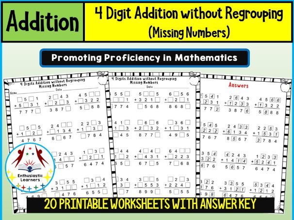 4-Digit Addition without Regrouping Missing Numbers Worksheets – Practice Activity