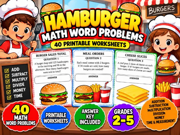 Hamburger Math Word Problems | 40 Printable Worksheets with Answer Key