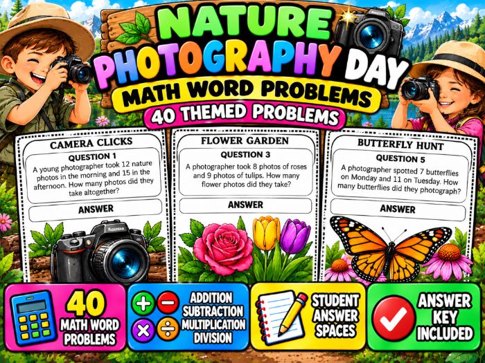 Nature Photography Day Math Word Problems | 40 Problems & Answer Key