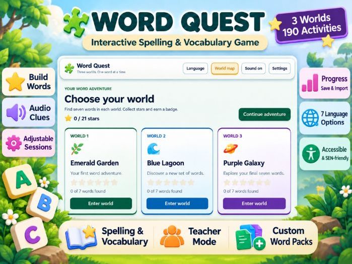 KS2 Spelling & Vocabulary Game – Word Quest | Offline HTML