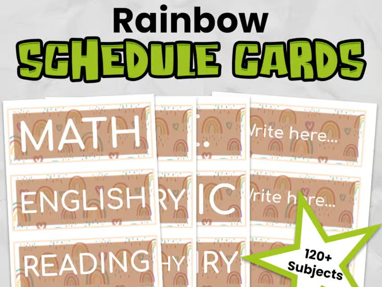 Boho Rainbow Editable Classroom Timetable Cards with Clocks | Calm Primary Visual Timetable